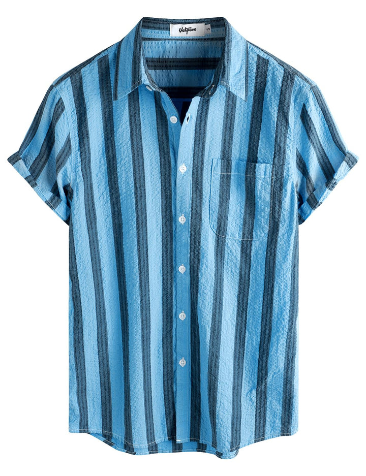VATPAVE Herren Gestreifte Sommerhemd Casual Button Down Kurzarm Strand HawaiiHemd S Aquablau Schwarz