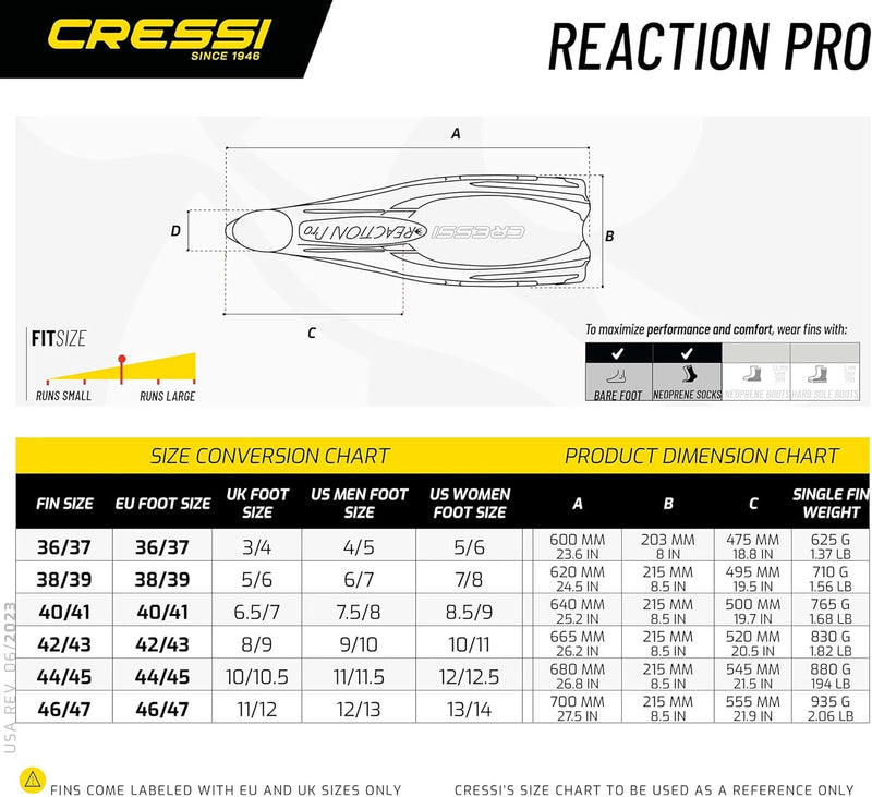 Cressi Reaction Pro Fins - Flossen zum Tauchen, Freitauchen und Schnorcheln, Adult Unisex 36/37 Blau