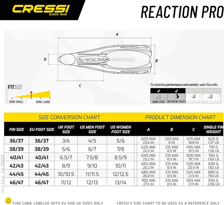 Cressi Reaction Pro Fins - Flossen zum Tauchen, Freitauchen und Schnorcheln, Adult Unisex 46/47 Gelb