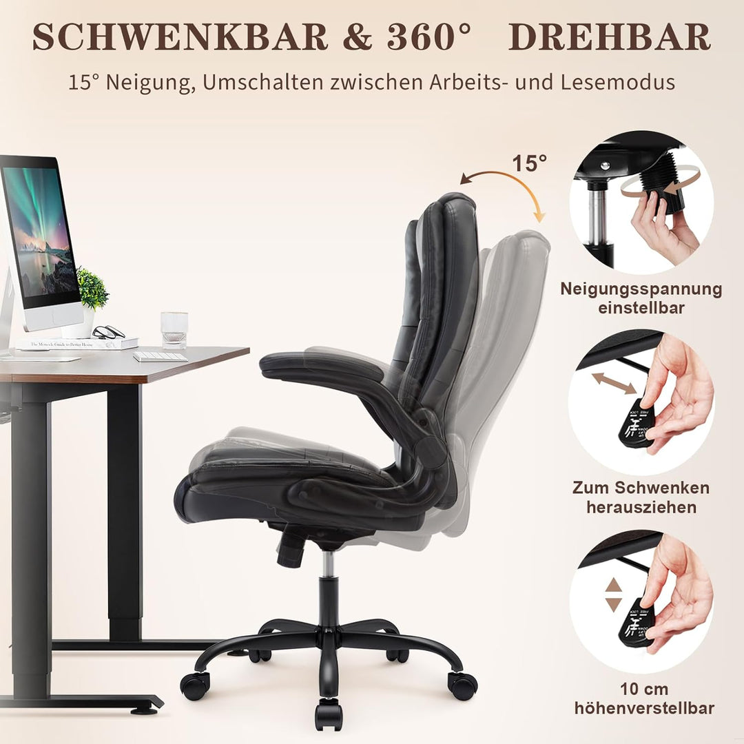 IWMH Ergonomischer Bürostuhl 180KG, Schreibtischstuhl PU Leder mit Hochklappbaren Armlehnen, Chefses