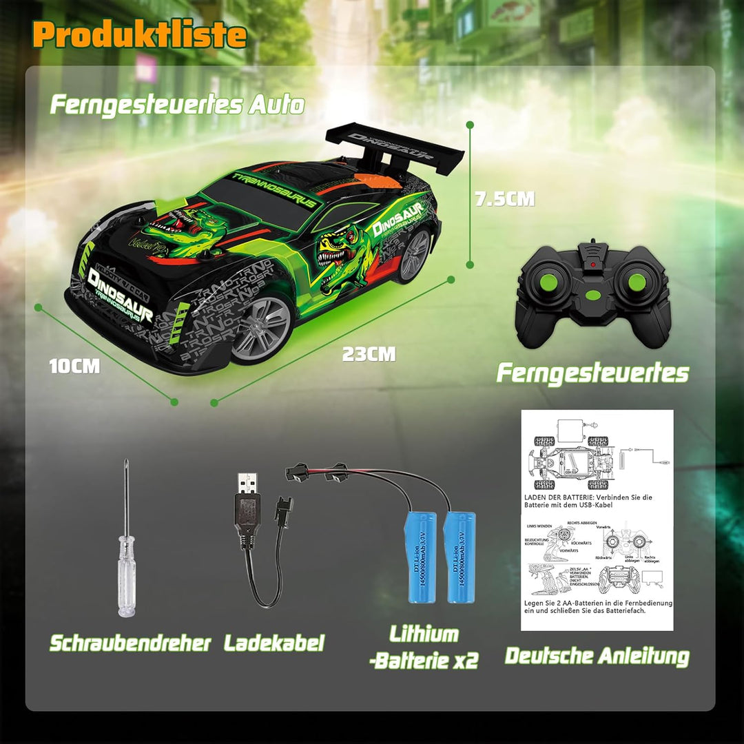 Ferngesteuertes Auto ab 3 4 5 6 Jahre, Dinosaurier Spielzeug mit Licht und Musik, 15KM/H 1/16 Fernge