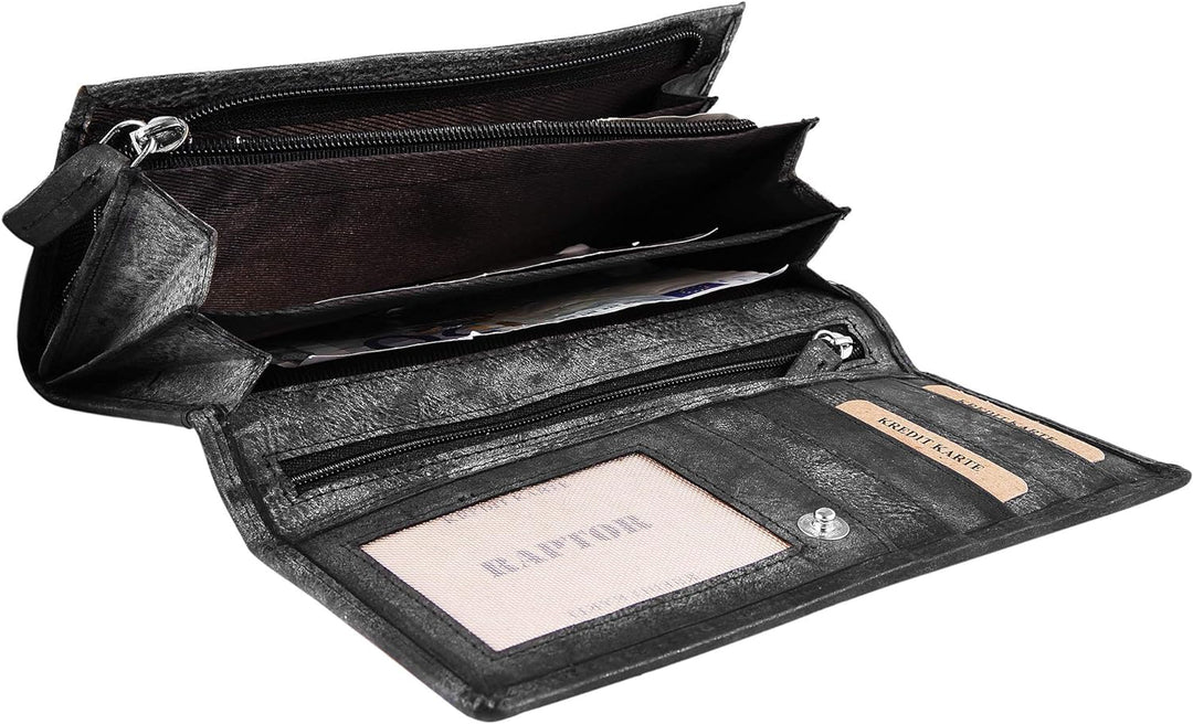 Raptor Damen - Geldbörse Echtleder Druckknopfverschluss 19x10cm RA40044 Anthrazit, Anthrazit