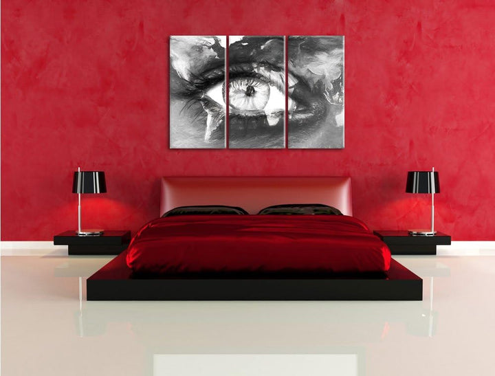 Pixxprint Die Erde gezeichnet auf EIN Gesicht Kohle Zeichnung Effekt 3-Teiler Leinwandbild 120x80 Bi