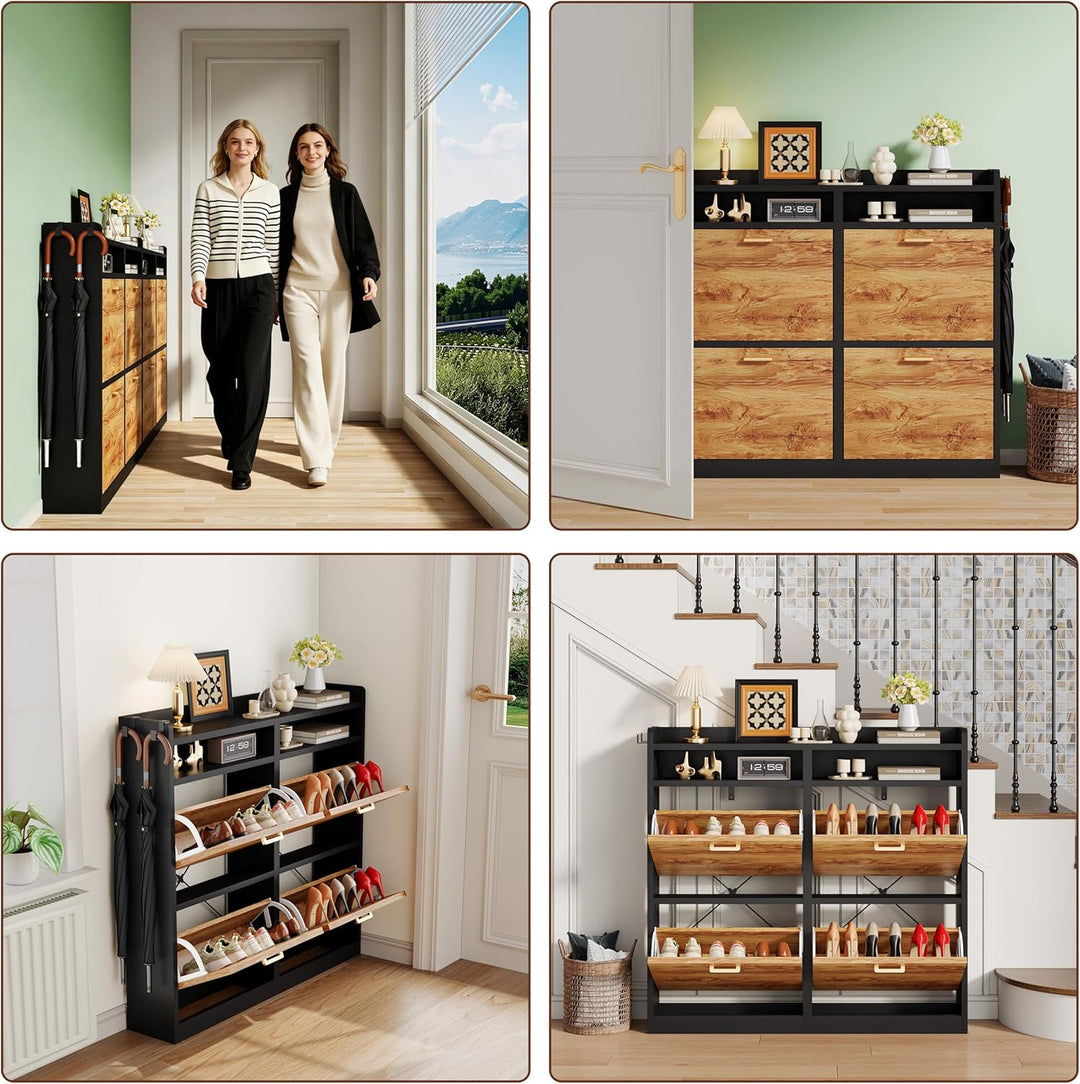 Schuhschrank mit 4 Klappen 20 cm Ultradünn,bis Grösse EU59 Passen, Schuhregal Schmaler aus Holz mit