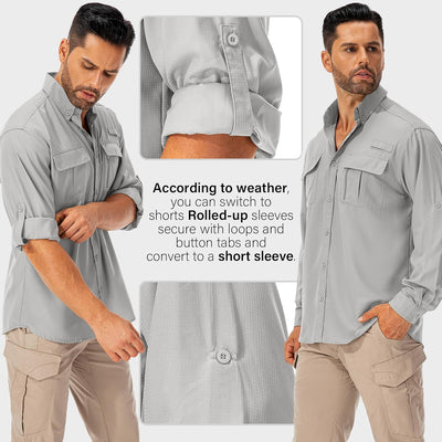Asfixiado Hemd Herren Safari UPF50+ UV Schutz Wanderhemd Herren Langarm Funktionshemd Outdoorhemd At