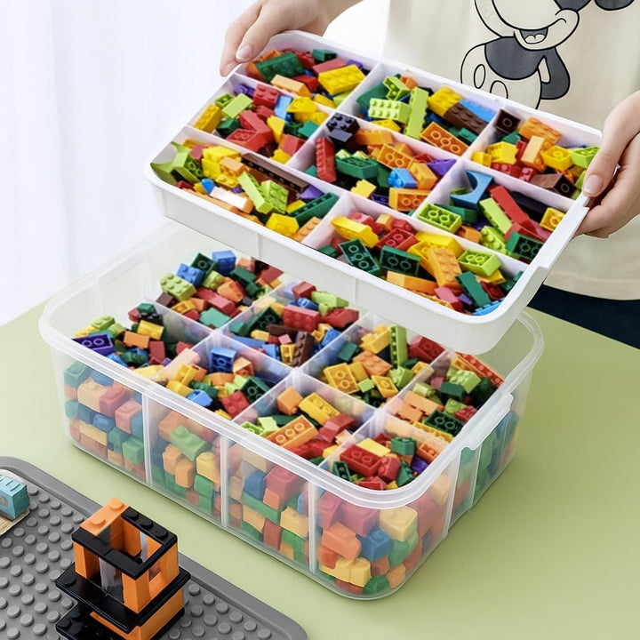 KRUZZEL Bausteine Aufbewahrungsbox 35L mit Griff & Trennwänden – 5 Etagen Stapelbox Transparent für