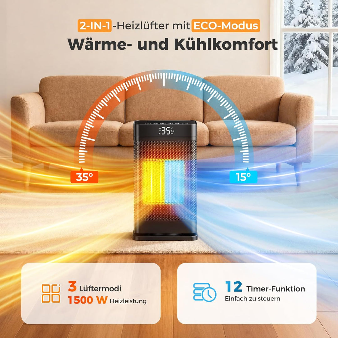 Mowend Keramik Heizlüfter, 1500W Elektroheizer mit Thermostat & PTC-Keramik-Heizlüfter, ECO-Modus, Ü