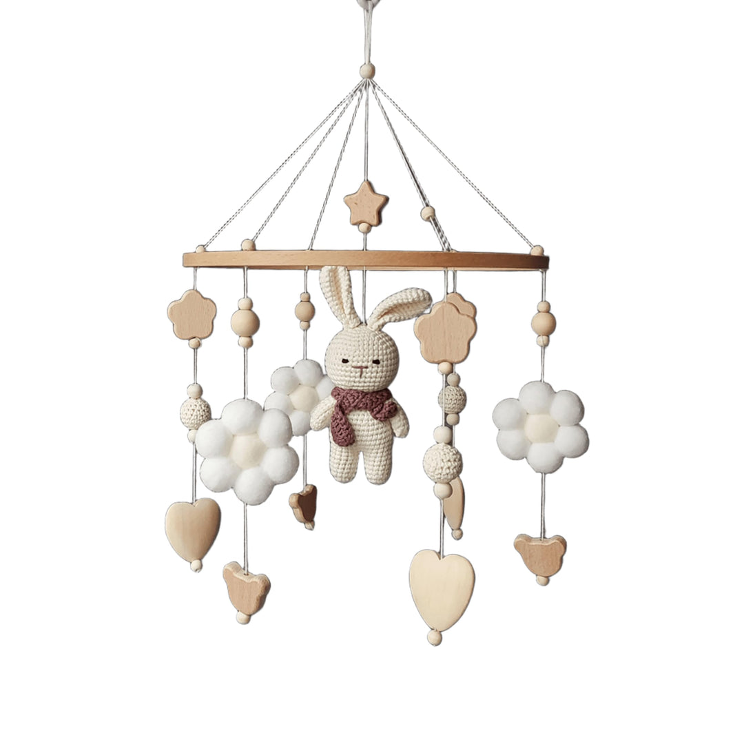 Gehäkeltes Baby Mobile Hase – Mädchen Krippen Deko aus Holz, Crochet Bunny Babybett-Anhänger, Neutra