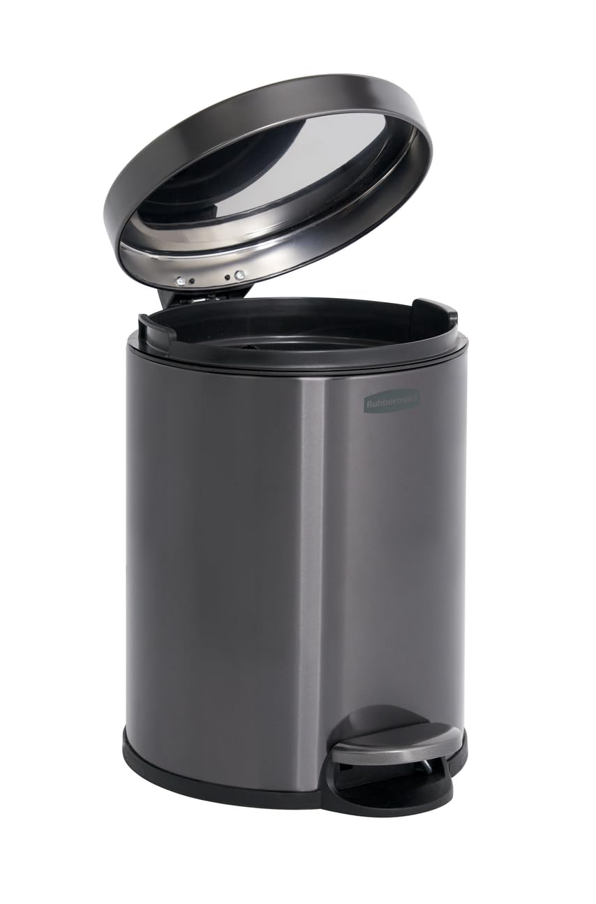 Rubbermaid Runder Step-On Mülleimer 6L Anthrazit Edelstahl – Kleiner Pedaleimer mit langsam schliess
