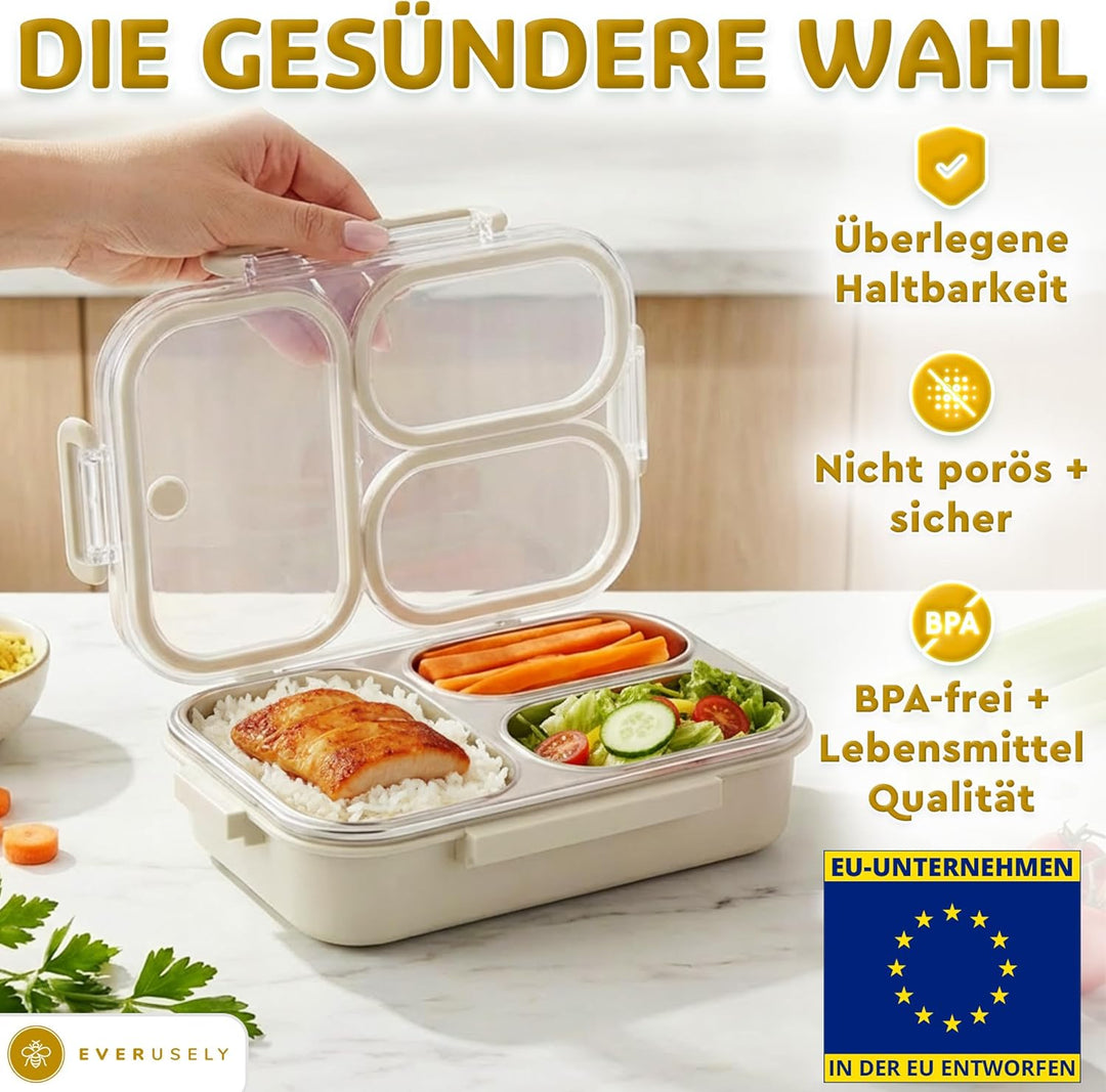 Everusely Edelstahl-Bento-Box/Brotdose – 750 ml – Auslaufsichere Lunchbox aus Metall mit 3 Fäche