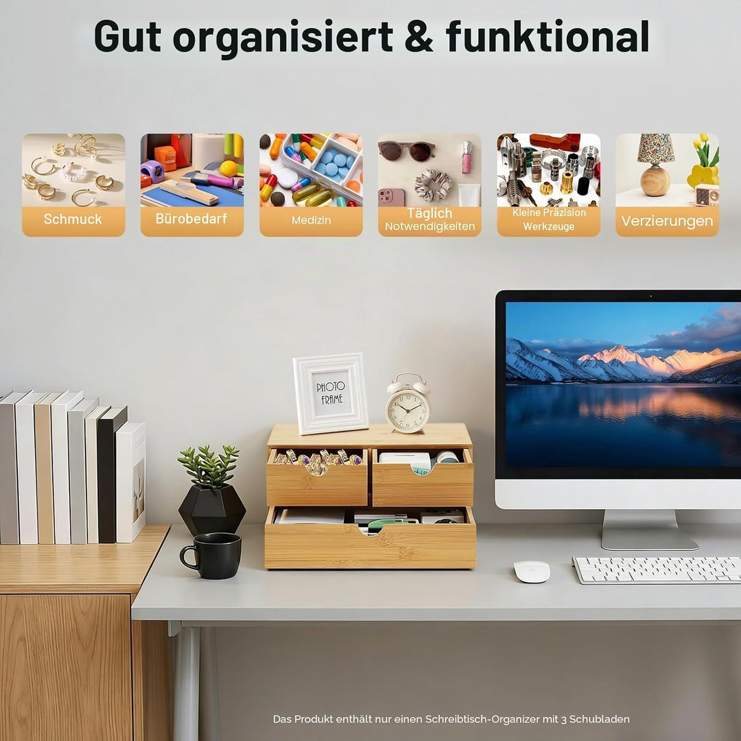 Bambus Schreibtisch Organizer mit 3 Schubladen, Bambus Schubladenbox Desktop Organizer für Büro, Hau