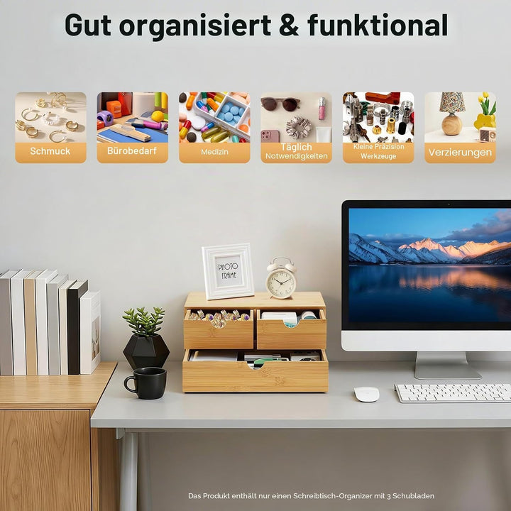 Bambus Schreibtisch Organizer mit 3 Schubladen, Bambus Schubladenbox Desktop Organizer für Büro, Hau