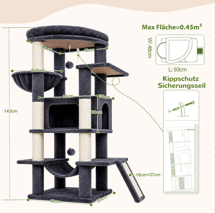 Globlazer Kratzbaum Stabil mit Extragross Loungebereich für 2/3 Katzen S56 | Katzenbaum 143cm Platz
