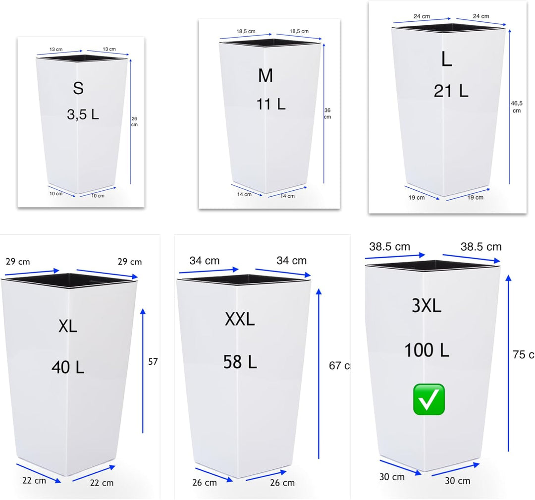 MELTOM Pflanzkübel aus Kunststoff in Hochglanz Farbe: Weiss mit Herausnehmbaren Einsatz, BxTxH in cm