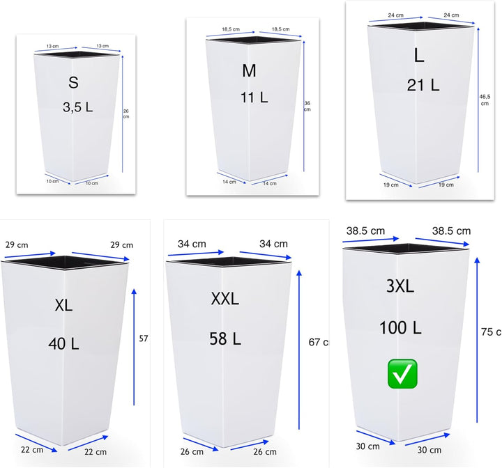 MELTOM Pflanzkübel aus Kunststoff in Hochglanz Farbe: Weiss mit Herausnehmbaren Einsatz, BxTxH in cm