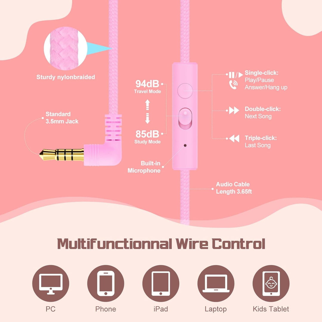 JYPS Kinder Kopfhörer,Kopfhörer Kinder mit Kabel,85/94 dB Volume Limit,Faltbare Kopfhörer für Mädche