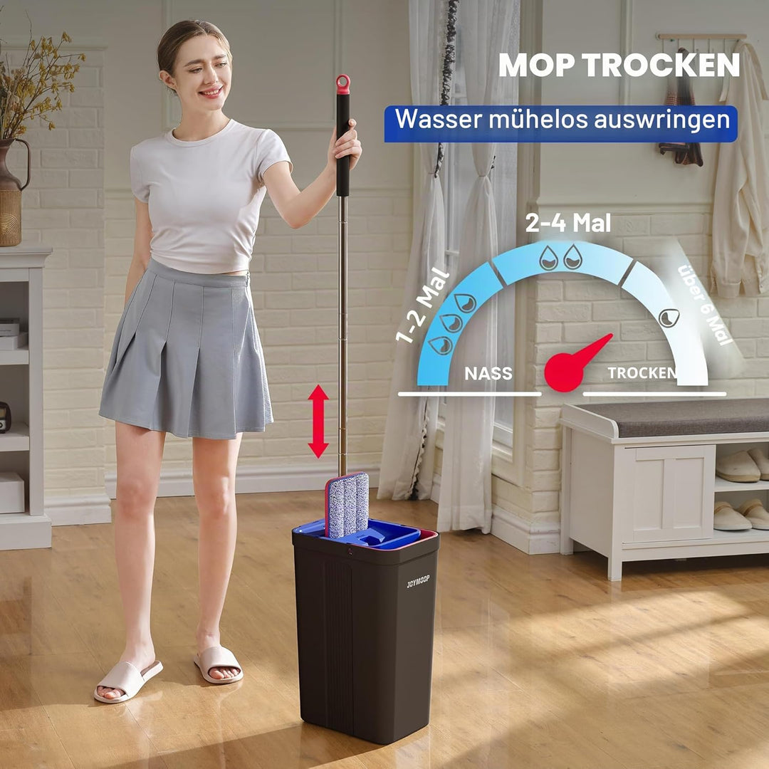 JOYMOOP Wischmopp und Eimer mit Auswringer-Set, freihändiger Flacher Bodenwischer und Eimer, mit 6 w