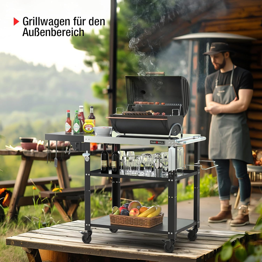 Grillwagen beweglicher Servierwagen mit 3 Ebenen, klappbarem Beistelltisch und 360° schwenkbaren Rol