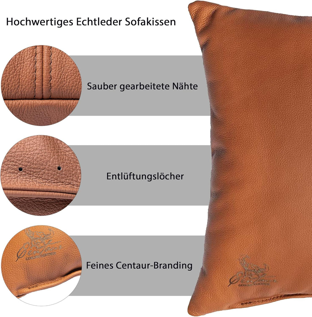 Centaur - Deko Lederkissen 50 x 40 cm für Sofa oder Schlafzimmer Cognac - Echt Leder Kissen Echtlede