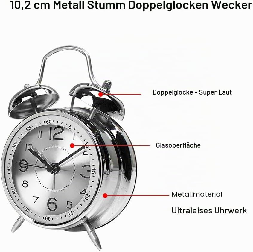 ALEENFOON 4" Metall Doppelglockenwecker Retro Glocke Analoge Wecker ohne Ticken Lautlos Kinder Quarz