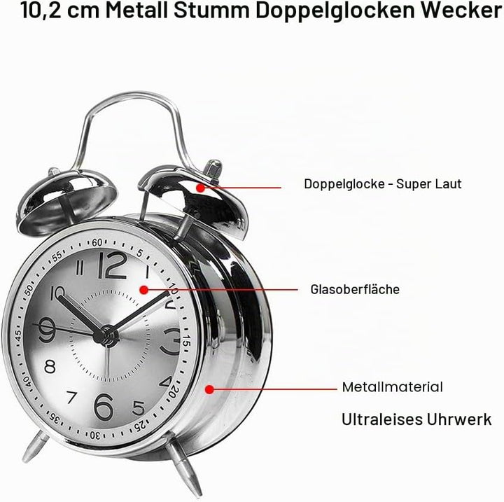ALEENFOON 4" Metall Doppelglockenwecker Retro Glocke Analoge Wecker ohne Ticken Lautlos Kinder Quarz