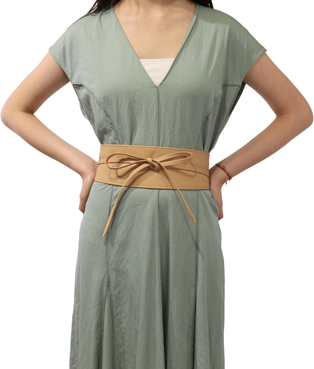 FASHIONGEN - Echtem Rindsleder Vollnarbenleder Obi Gürtel für Damen, Bindgürtel, CASSIANE Beige S-M,