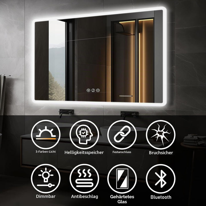 Bluetooth Badezimmerspiegel mit Beleuchtung LED, 70x100cm Spiegel mit Light, Wandspiegel mit Frontbe