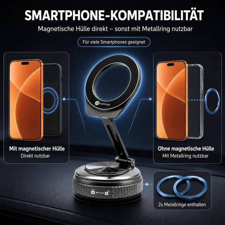 MEGAPHONIC Handyhalterung Auto Magnet, kompatibel mit MagSafe, 20 N55 Magnete, Vakuum-Saugnapf, 360°