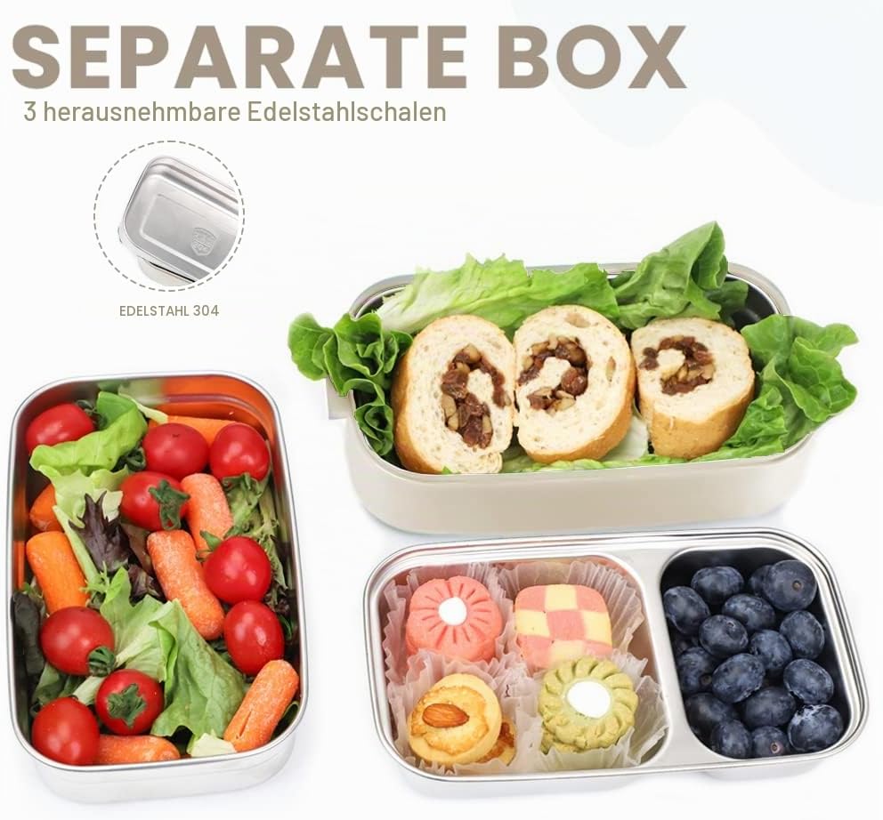 Bugucat Lunchbox Edelstahl 1700ML,Bento Box Brotdose Auslaufsicher Luftdichte Brotzeitbox mit Fächer