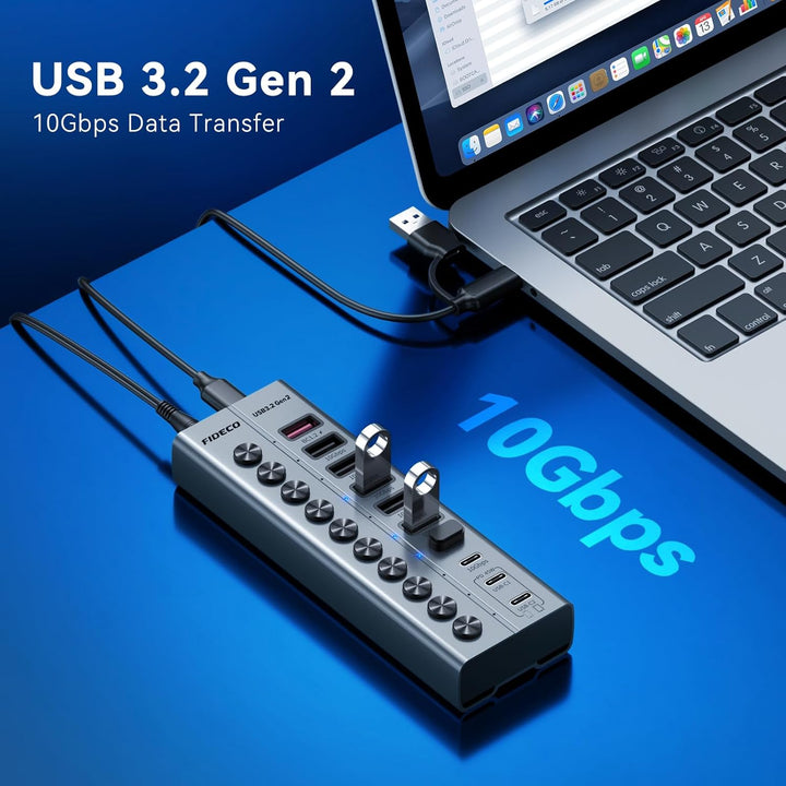 FIDECO 10 Ports USB Hub mit Netzteil, USB Hub Aktiv mit 1 BC1.2, 2 PD 45W Charging Port und 7 USB 3.