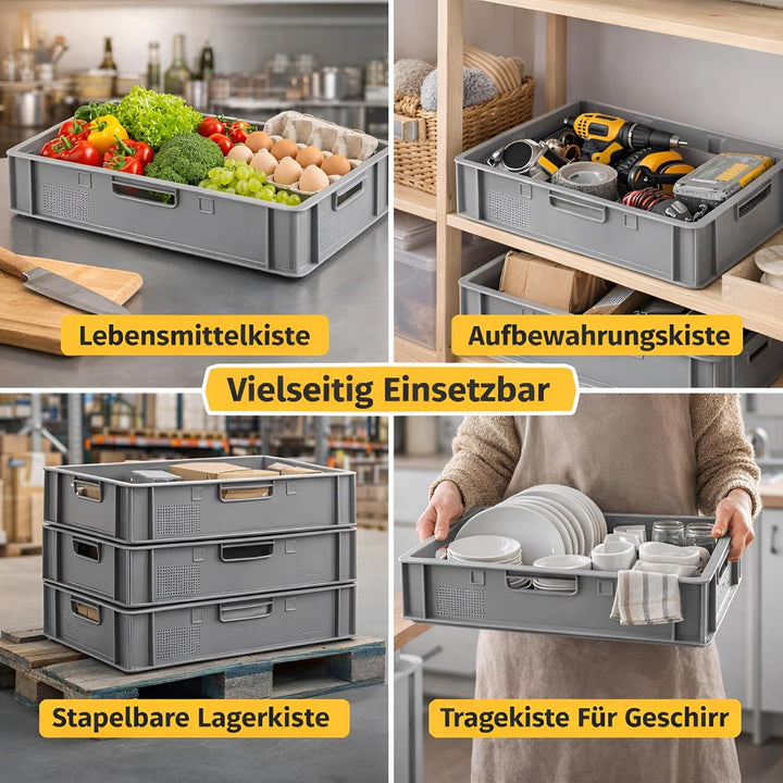 BURI 10 Stück Fleischkiste E1 Lagerkiste 60x40x12,5 cm Metzgerkiste Eurobox Grau - flache Stapelkist