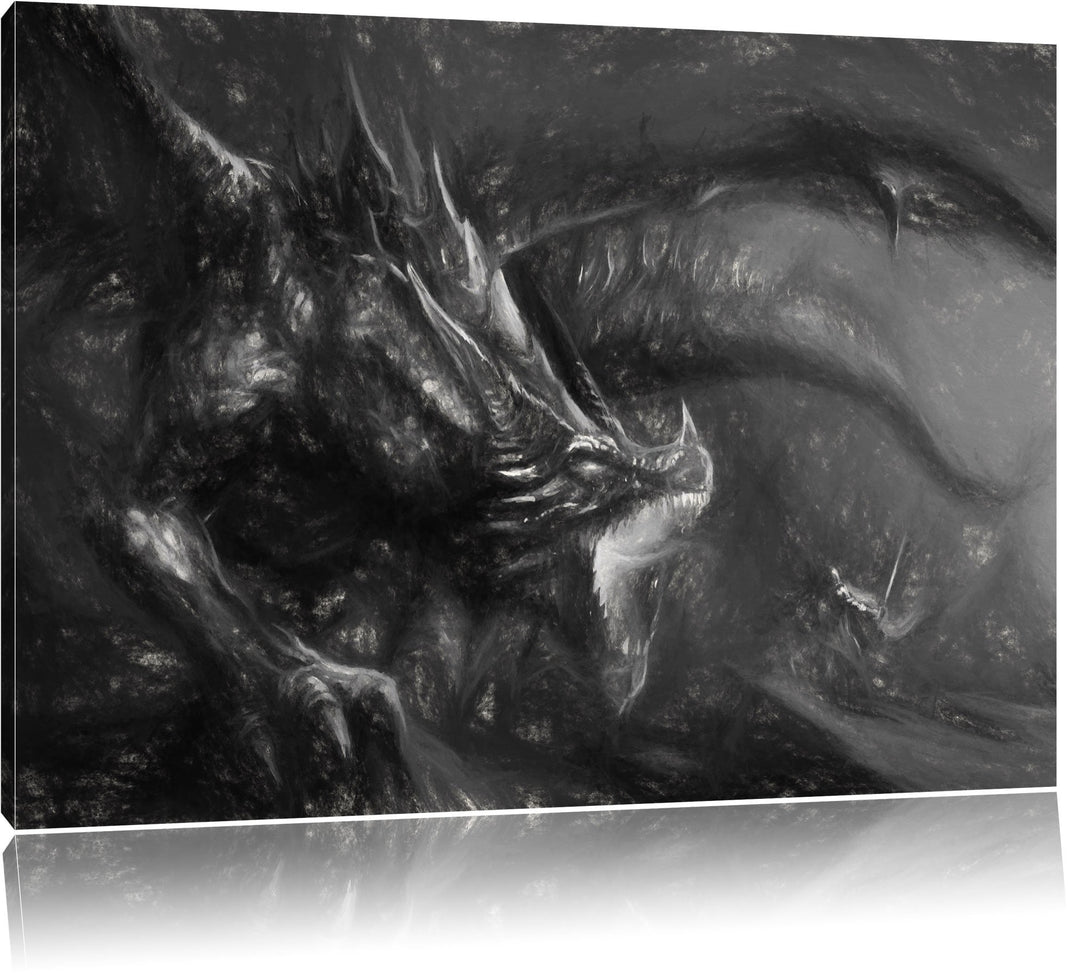 Pixxprint Kampf zwischen Mensch und Drache Kohle Zeichnung Effekt, Format: 100x70 auf Leinwand, 100x