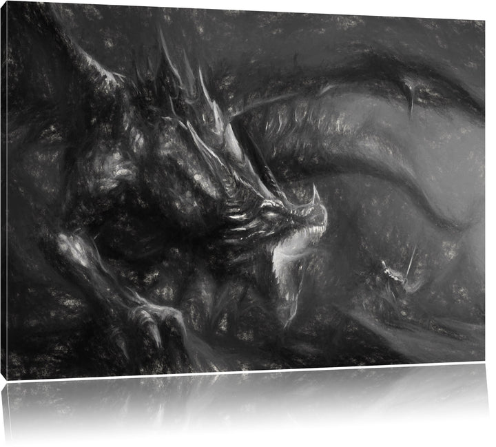 Pixxprint Kampf zwischen Mensch und Drache Kohle Zeichnung Effekt, Format: 100x70 auf Leinwand, 100x