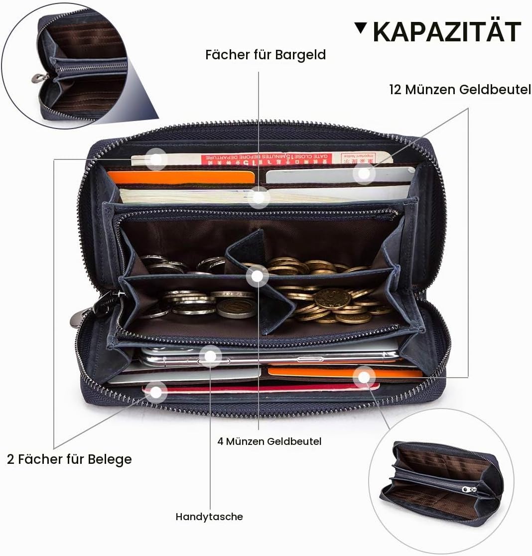 Contacts RFID Blocking Echtleder Herren Reissverschluss um Brieftasche Karte Telefonhalter Münzkuppl