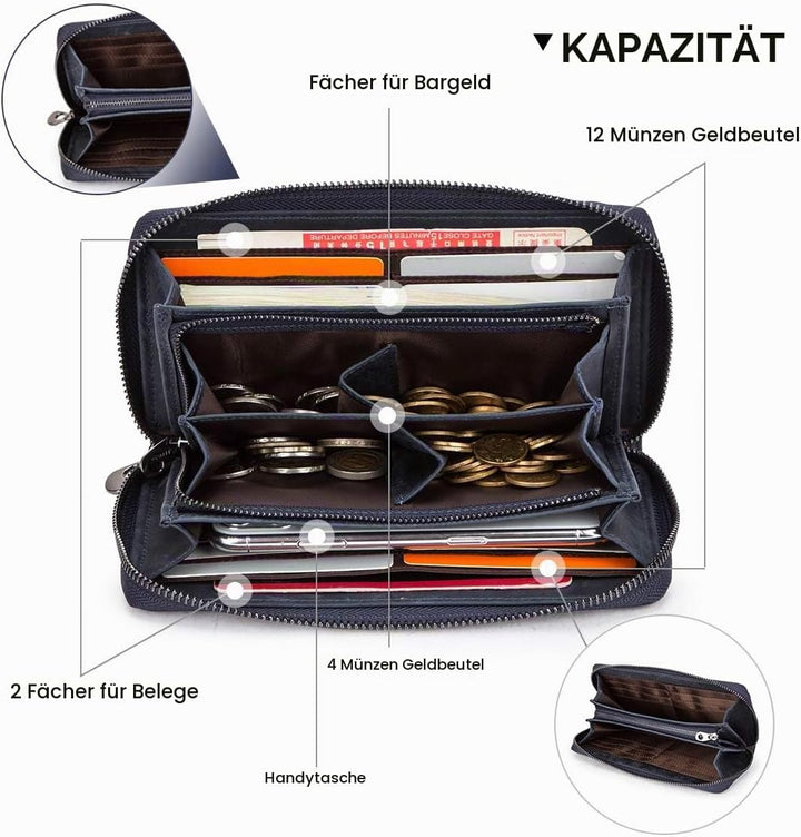 Contacts RFID Blocking Echtleder Herren Reissverschluss um Brieftasche Karte Telefonhalter Münzkuppl