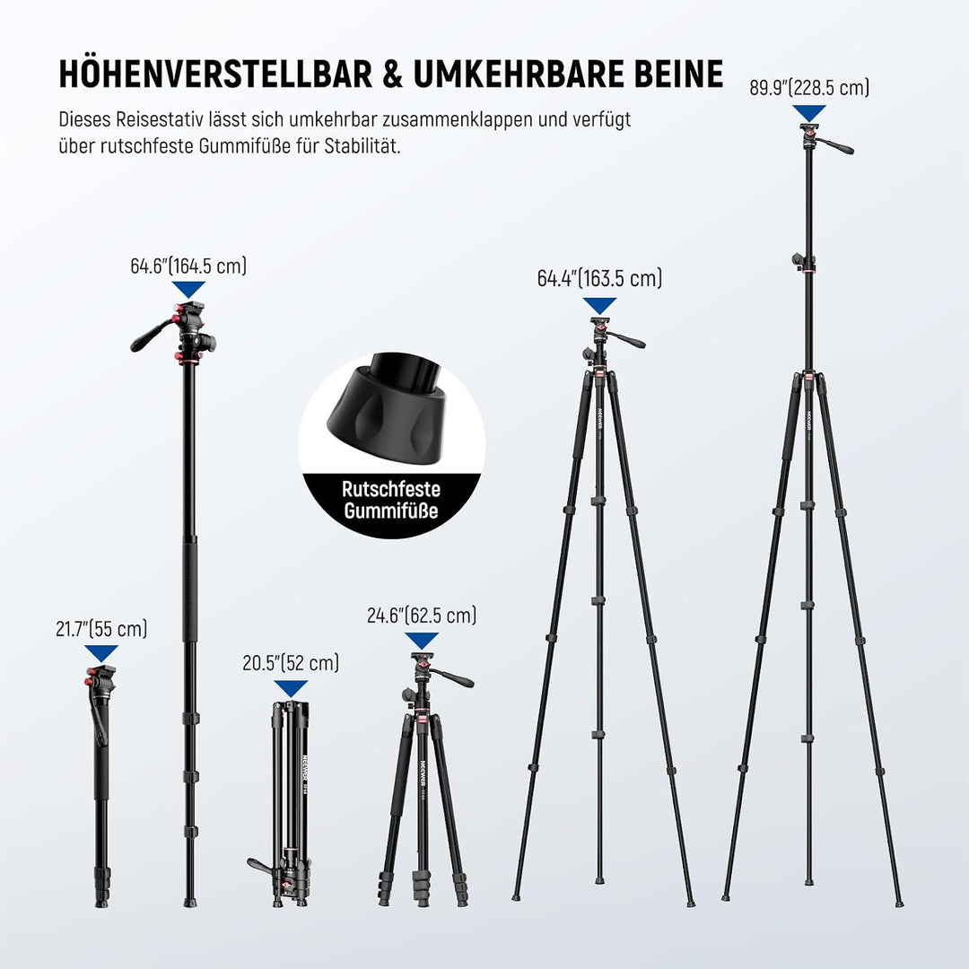 NEEWER Overhead Horizontal Kamera Stativ Einbeinstativ mit Fluidkopf und Flexibler Mittelsäule, 90"