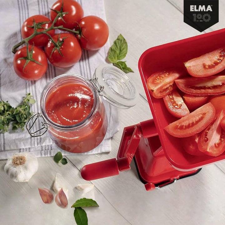 Elma Manueller Tomatenzerkleinerer Modell 24.99.1, Kunststoff-Tomatenmaschine mit rotem Edelstahlfil