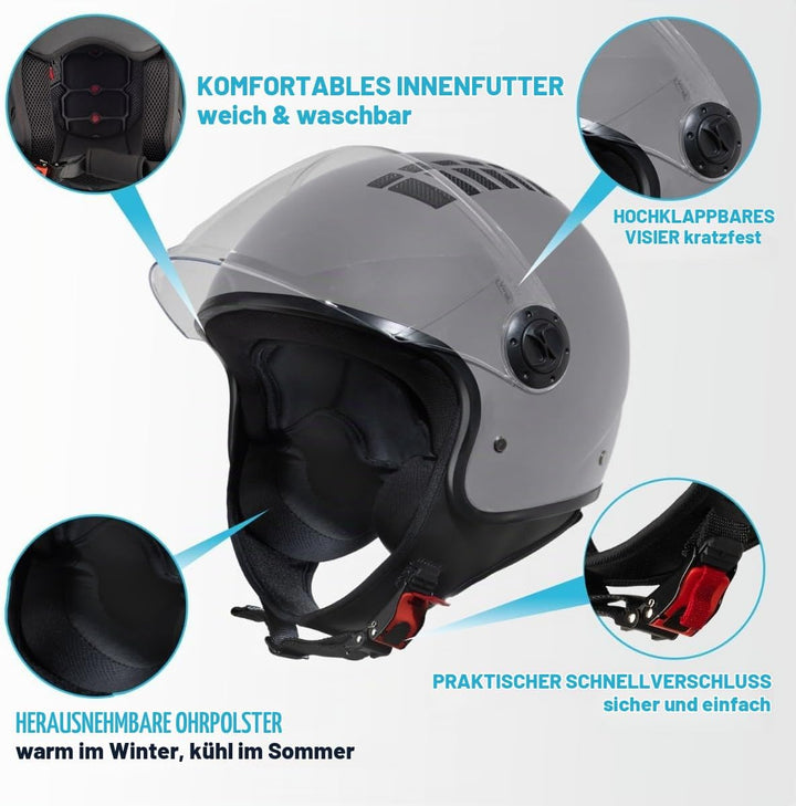 VINZ Como Jethelm mit Visier Herren und Damen | in Gr. XS-XL | Roller Helm Jet Helm Mopedhelm | ECE