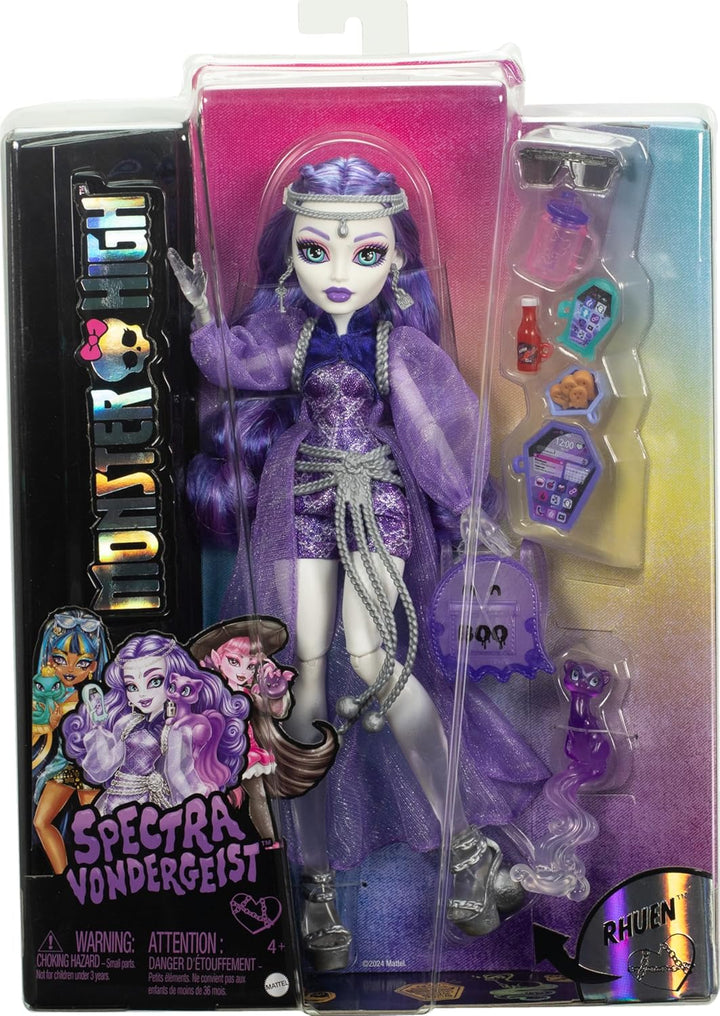 Monster High Spectra Vondergeist Puppe mit Frettchen Rhuen und Zubehörteilen wie Rucksack, Tablet, S