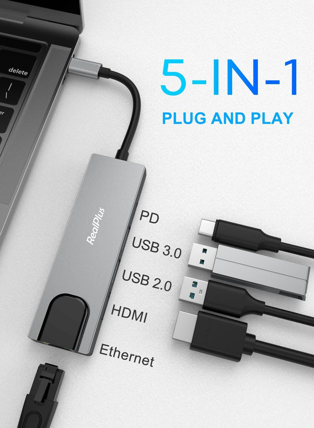 USB C Hub,RealPlus 5-in-1 USB C Adapter mit 4K HDMI, 10/100 Mbps Ethernet RJ45, 100W PD, 1 USB 3.0,1