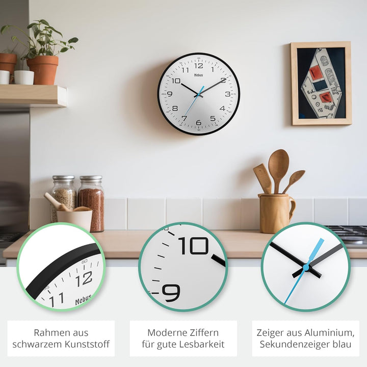 Mebus moderne Quarz-Wanduhr klassisches Design kräftige, grosse Ziffern 30cm Durchmesser / Farbe: Sc