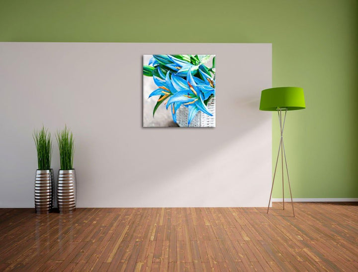 Pixxprint schöne Blaue Blumen im Körbchen, Format: 70x70 auf Leinwand, 70x70