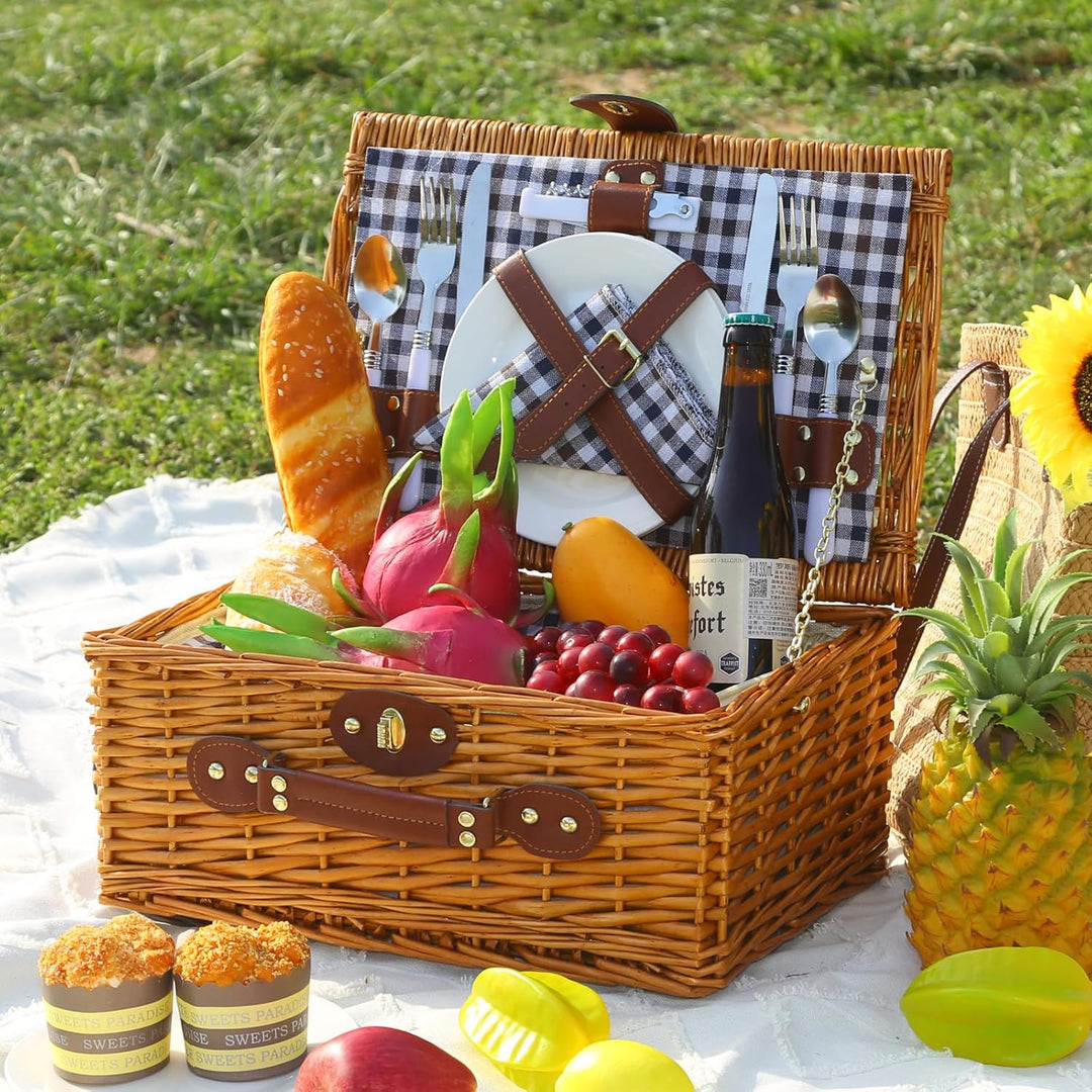 Picknickkorb Set für 2 Person mit Kühlfach, Abnehmbarer Riemen, Weinbeutel, Besteck Set, für Camping
