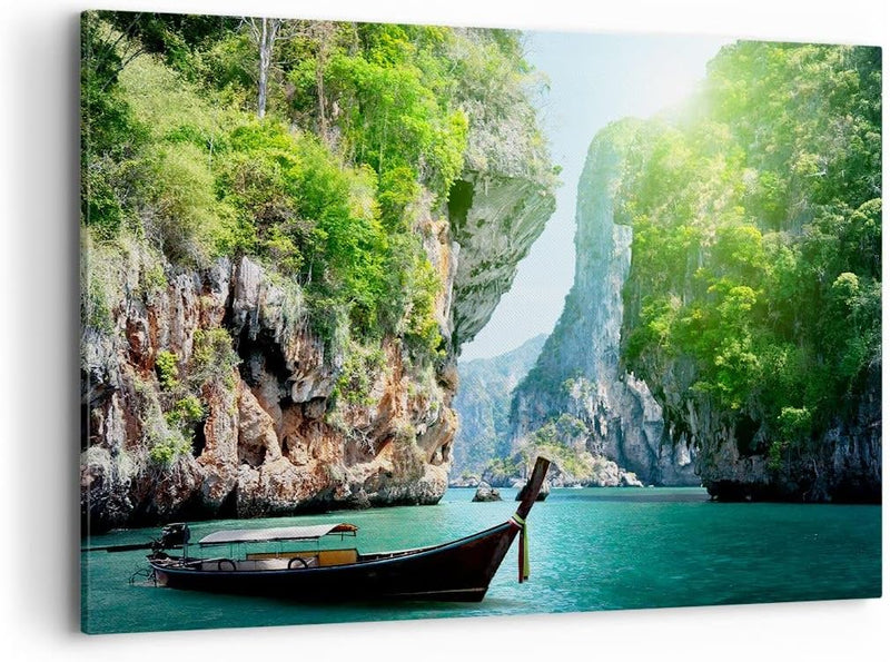 Bilder auf Leinwand 100x70cm Leinwandbild Boot Klippen Natur Felsen Gross Wanddeko Bild Schlafzimmer