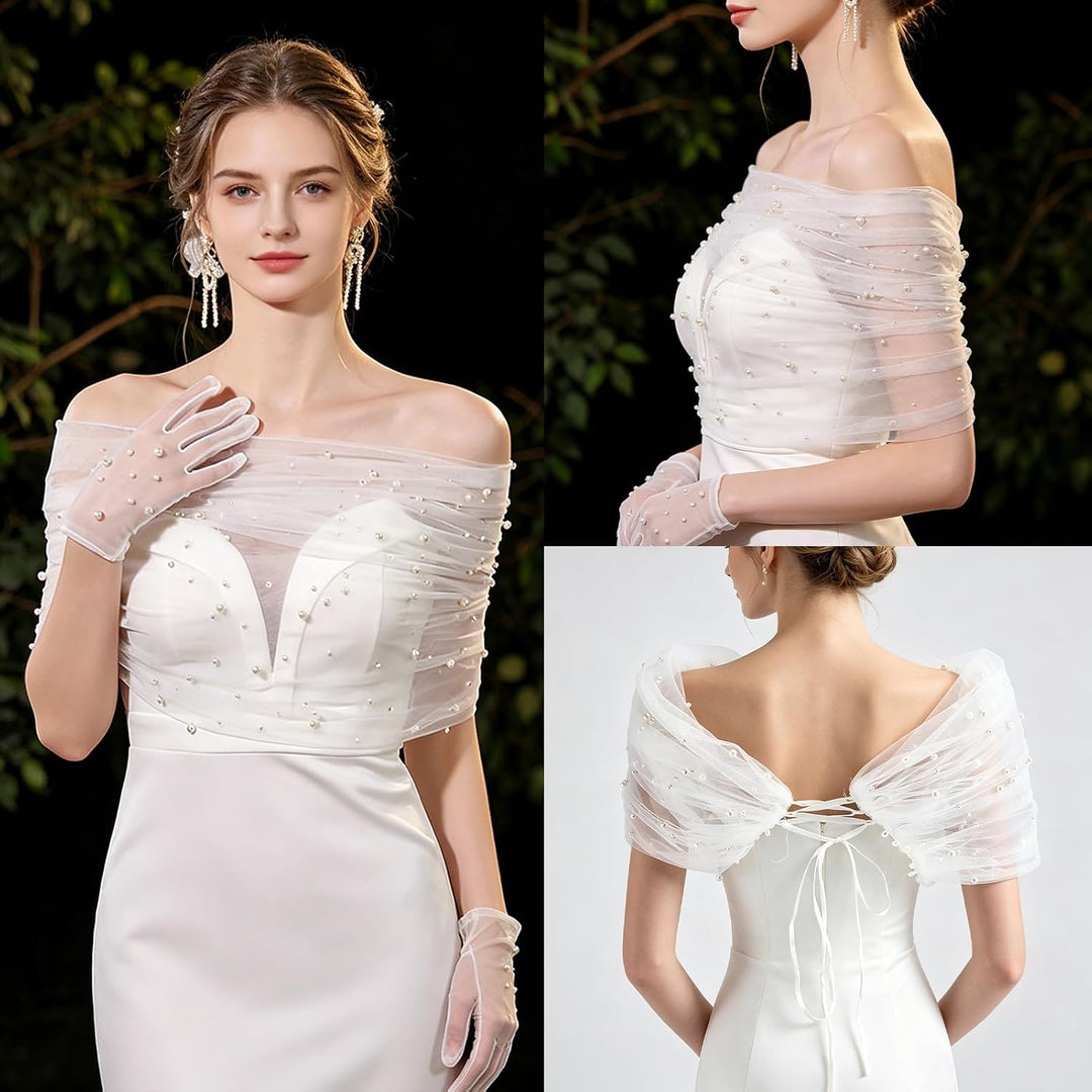 NICENEEDED Weisser Tüll Brautschal Perlen Brautumhang Hochzeit Schulterfreie Capelets Spitze Schal F