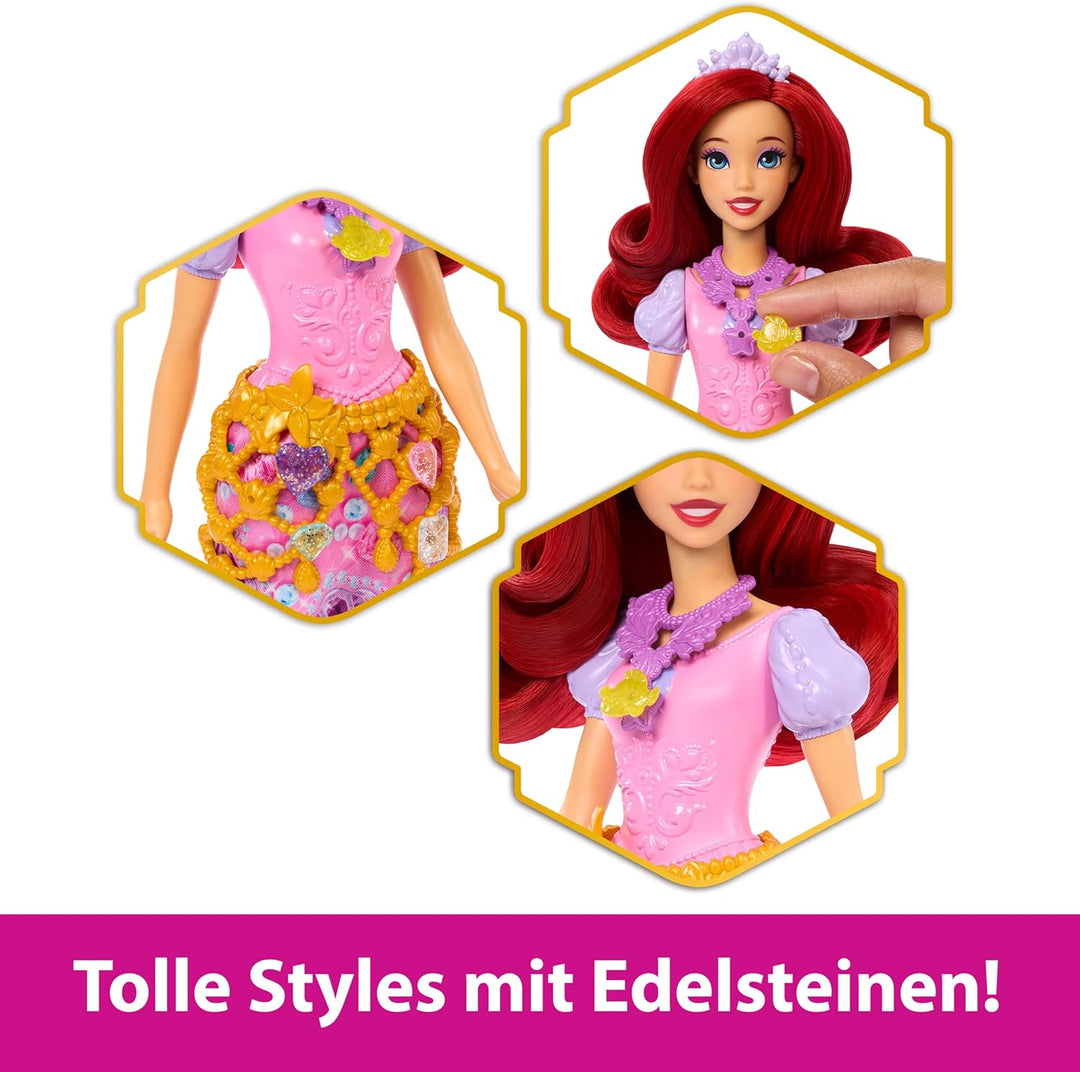 Mattel Disney Princess Arielle Modepuppe und Zubehörteile mit 8 Überraschungen, darunter herzförmige