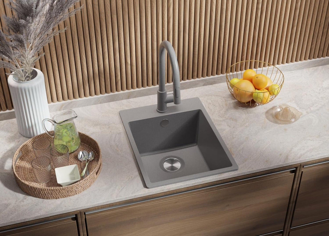 PRIMAGRAN Spülbecken Schwarz Metallic - Riga, 38x50cm | Granitspüle 1 Becken + Zuberhor-Set, Küchens