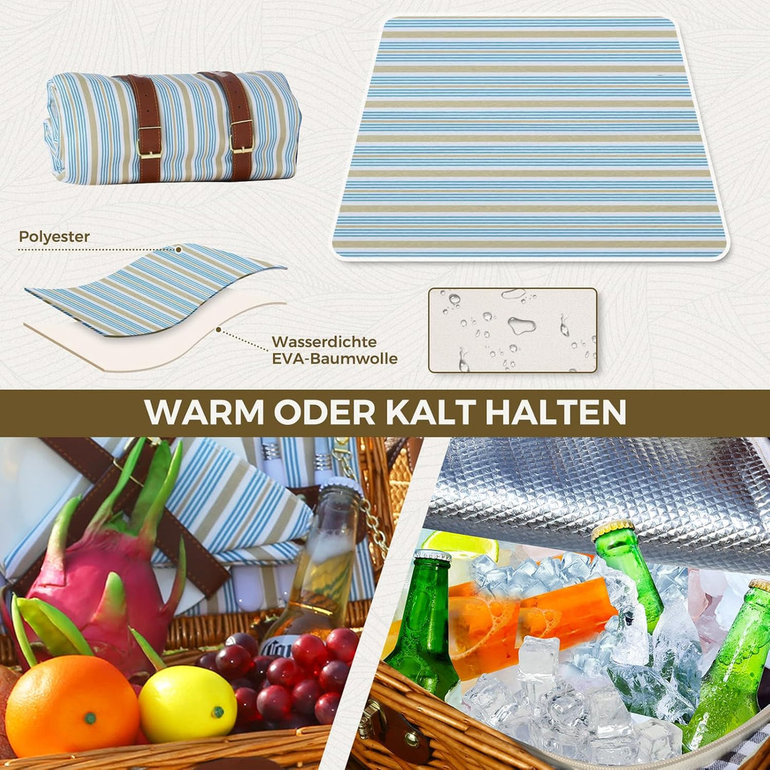 Picknickkorb Set für 2 Person mit Kühlfach und wasserdichte Picknickdecke, Abnehmbarer Riemen, Weinb