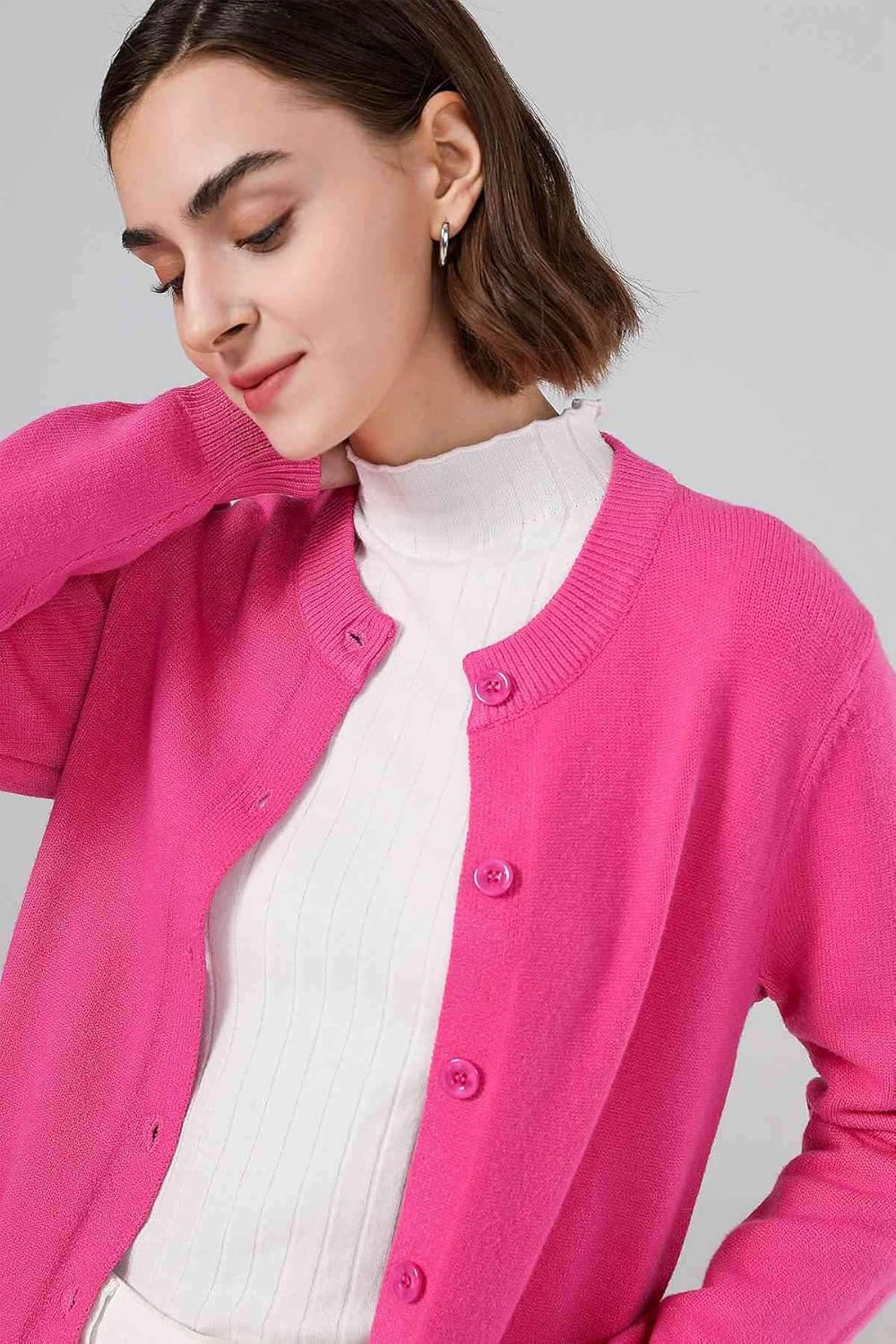SMILING PINKER Damen Strickjacke Langarm Cardigan Warm Rundhals Strickweste Jacke mit Knopfleiste un