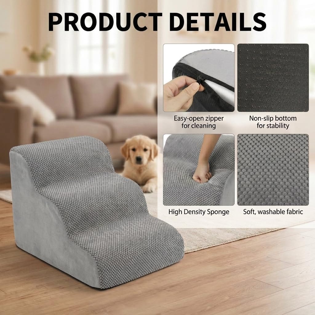 QWORK® Graue Hundetreppe, 3-Stufig, 60x40x40cm, Hochdichtem Schwamm, Abnehmbarem Waschbaren Hundetre